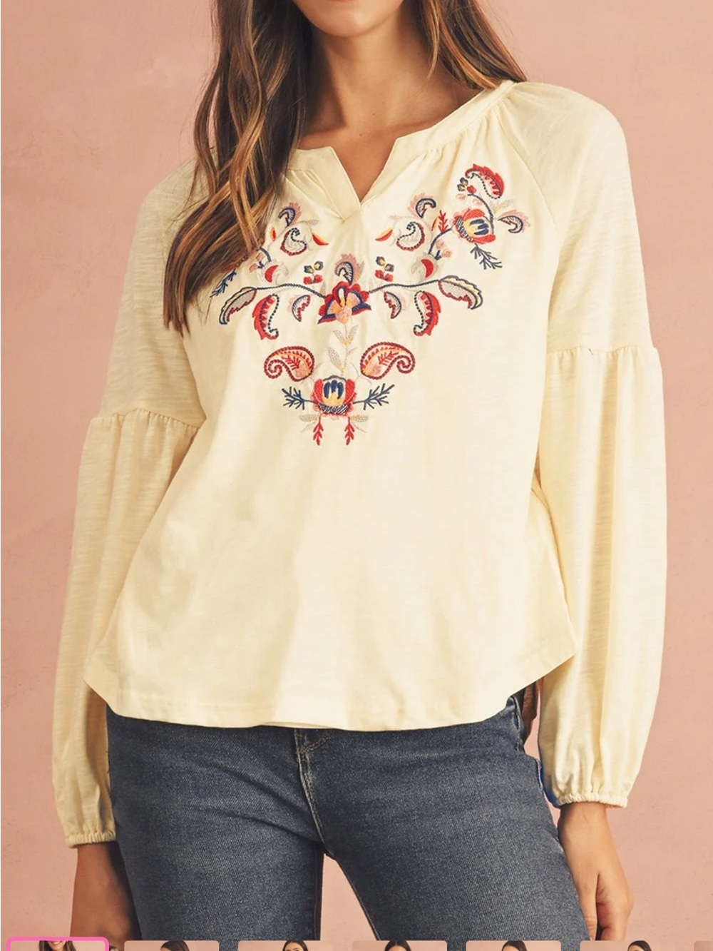 Free People Vibes Paisley Floral Embroidered Notch V Neck Ivory Blouse